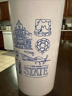 Indiana State White Tumbler with Blue Graphic Icons
